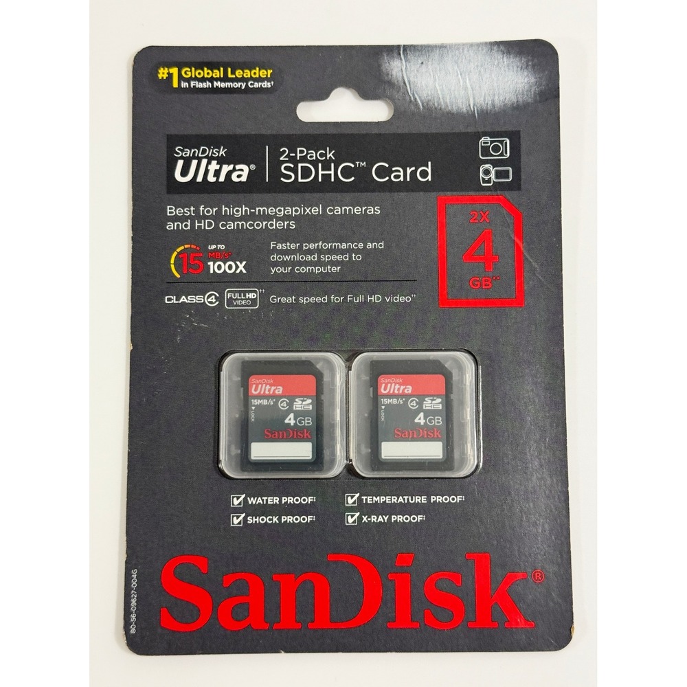 SanDisk SDHC Card 2-Pack 8GB Black Ultra Class 4 15MB/s Flash Memory SDSDH2-004G